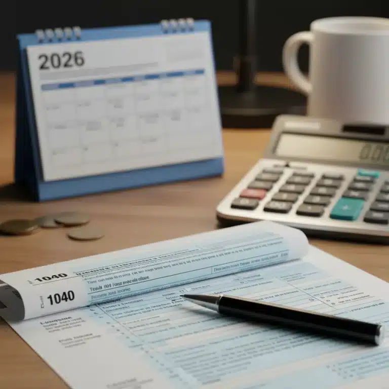 Tax form with 2026 calendar and calculator, symbolizing future tax planning and IRS changes.