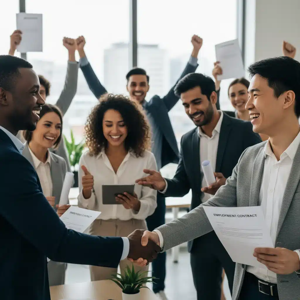 Diverse group of professionals celebrating job growth and economic optimism