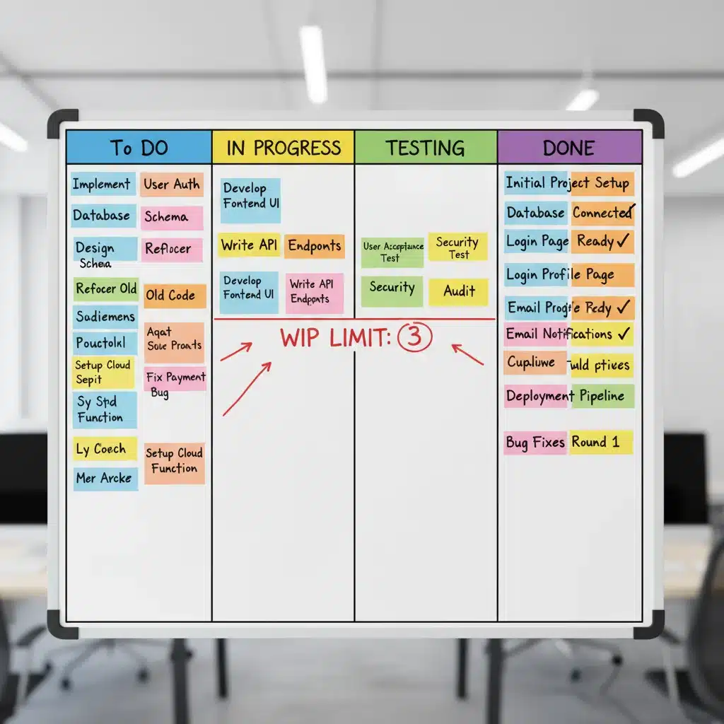 Example of a Kanban board showing task flow and work in progress limits.