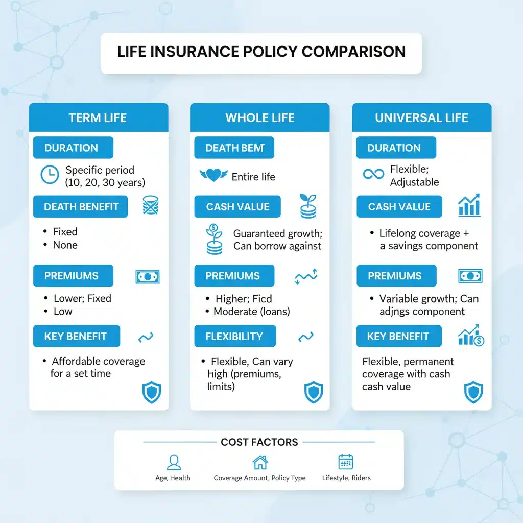 Infographic comparing term life, whole life, and universal life insurance policy features and benefits.