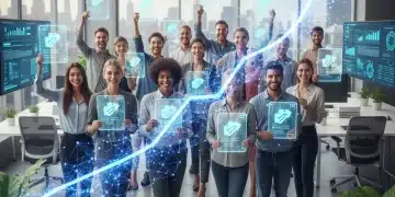 Micro-Credentials: Your 15% Faster Path to Career Advancement in 2026 Professionals with digital micro-credentials badges, signifying career growth and faster skill acquisition.