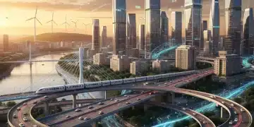 US Infrastructure Bill: $1.2 Trillion Impact on Daily Life by 2027 Modern city infrastructure with highways, trains, and digital connections