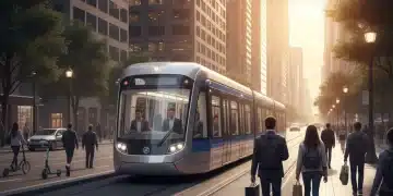 Modern light rail train in bustling US city at sunset, with commuters inside and skyscrapers around.