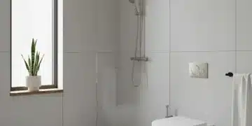 Water Conservation at Home: Reduce Usage by 10% with 5 Easy Upgrades This Year Modern bathroom with water-saving fixtures, low-flow showerhead, and dual-flush toilet.