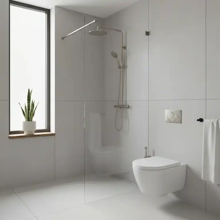 Modern bathroom with water-saving fixtures, low-flow showerhead, and dual-flush toilet.