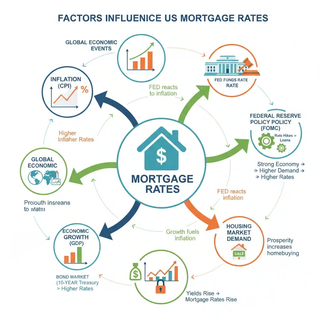 Infographic detailing factors influencing mortgage rates and economic growth