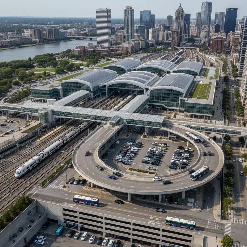 Aerial view of modern multi-modal transportation hub in a large US city, showing bus, train, and ride-share integration.