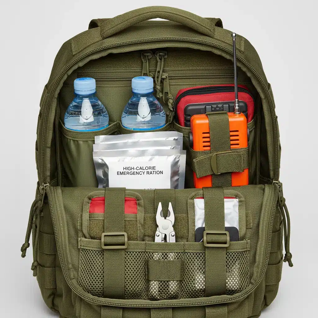 Organized emergency backpack with essential survival supplies