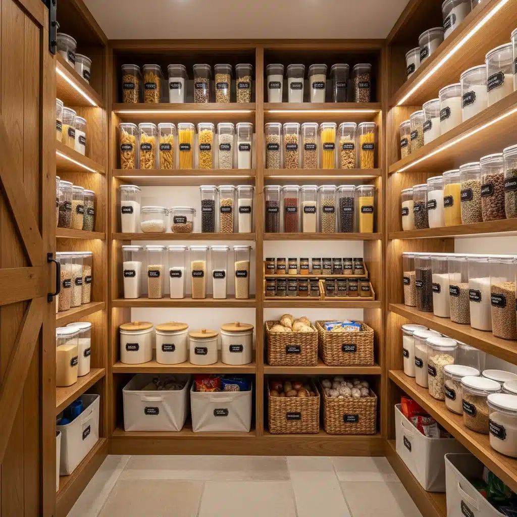 Organized pantry with labeled containers, reflecting efficient food storage.