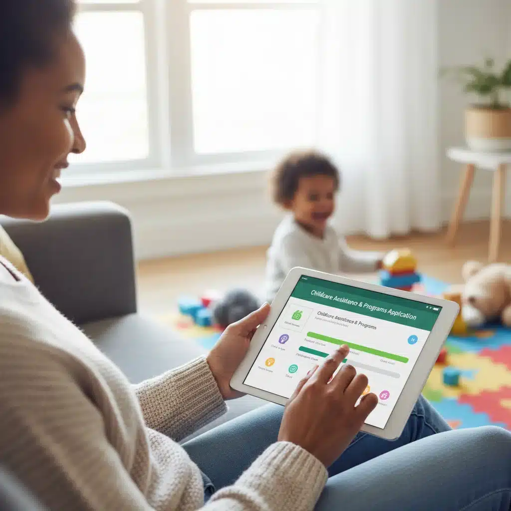 Parent filling out an online application for childcare subsidies with a child playing nearby.