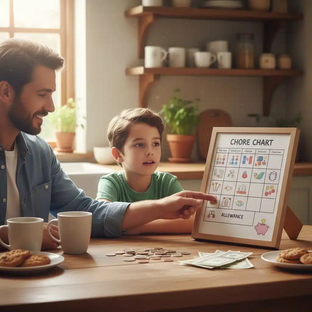 Parent teaching child about allowance and chores