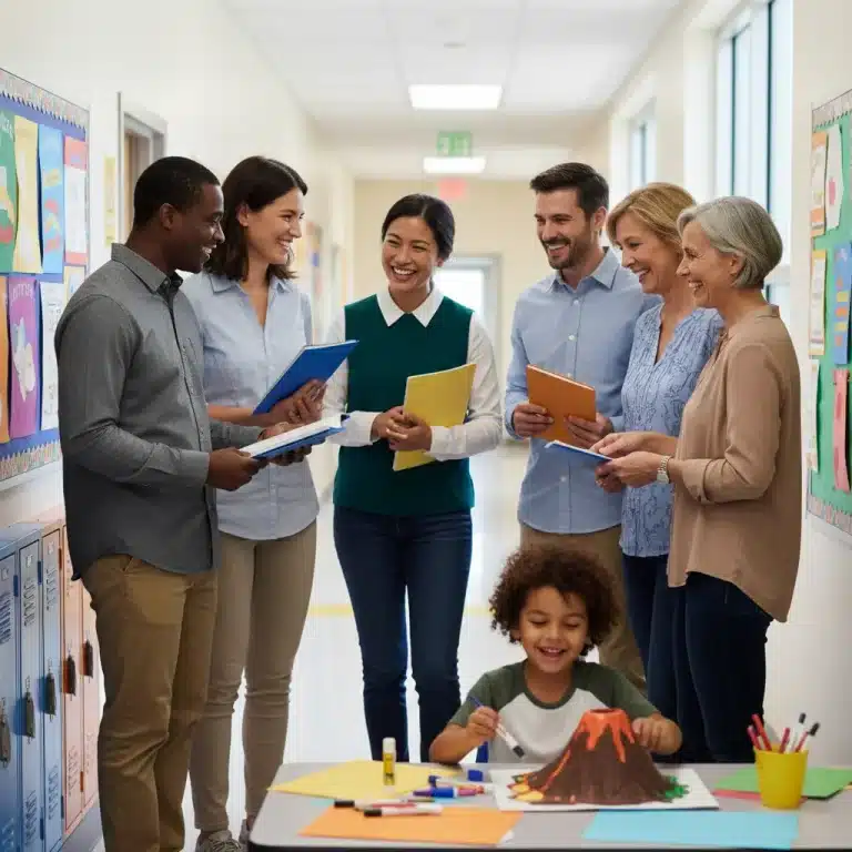 Parents and teachers collaborating actively in a school setting, symbolizing effective parental involvement in education.