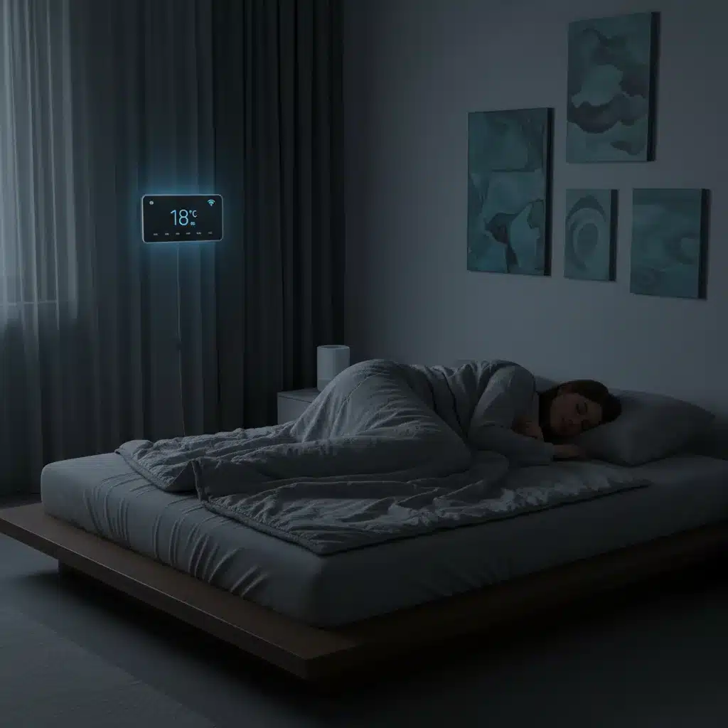 Person sleeping soundly in a dark, cool, and uncluttered bedroom.