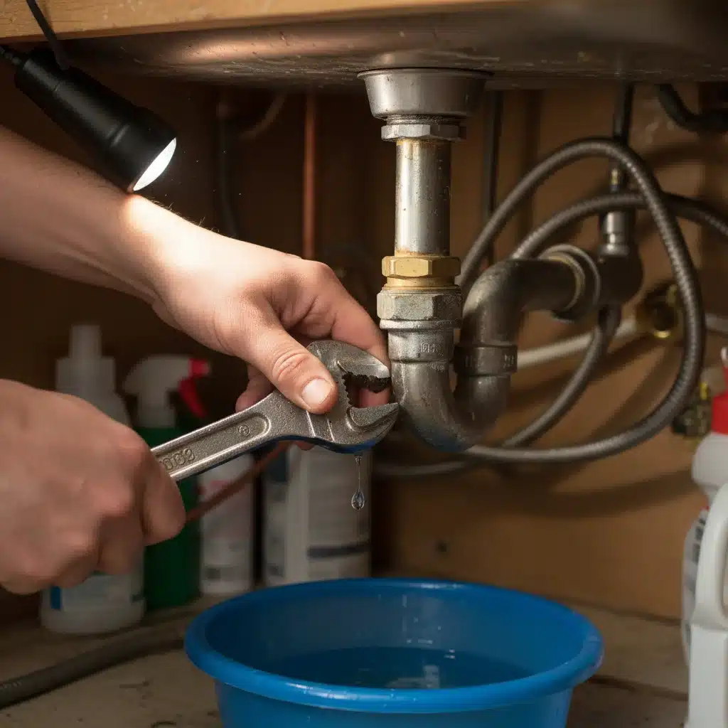 Hands tightening a leaky pipe under a sink during a plumbing repair.