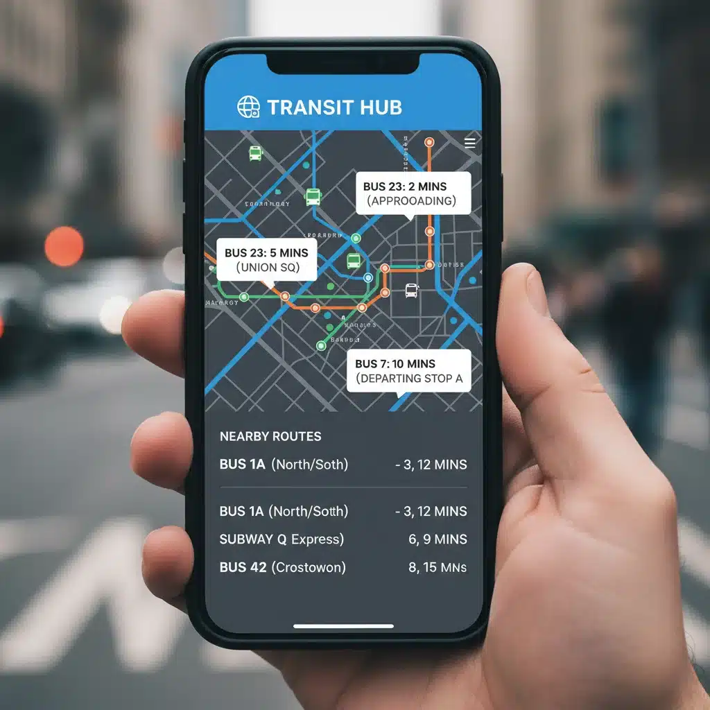 Smartphone displaying real-time transit app with bus and subway tracking for urban navigation.