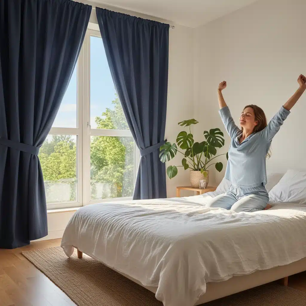 Person waking up refreshed in a bright, naturally lit bedroom.