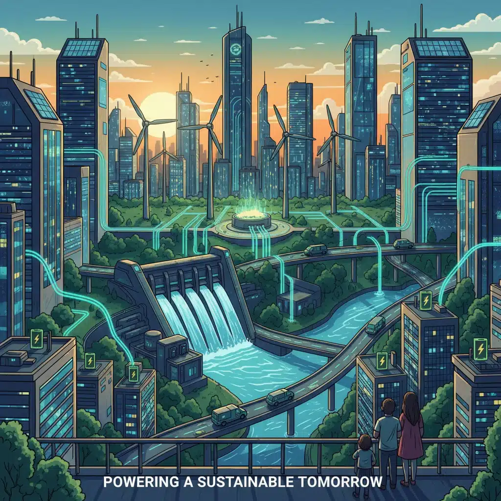 Sustainable energy future with solar panels, wind turbines, and hydroelectric power feeding into a smart city grid.