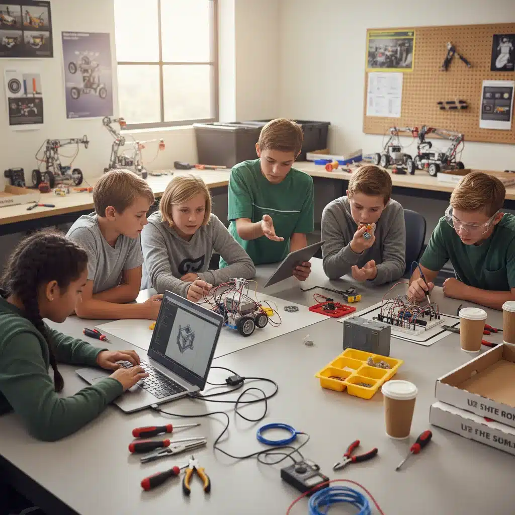 Middle school students collaborating on a robotics project in a classroom.