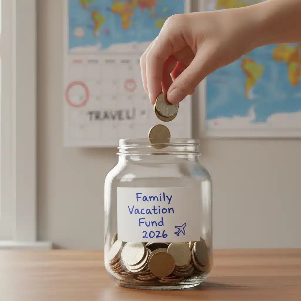 Hand depositing coins into a 'Family Vacation Fund 2026' jar, illustrating saving.