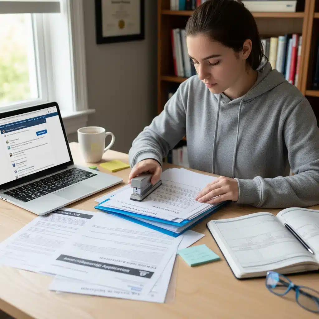 Student organizing scholarship application documents and research