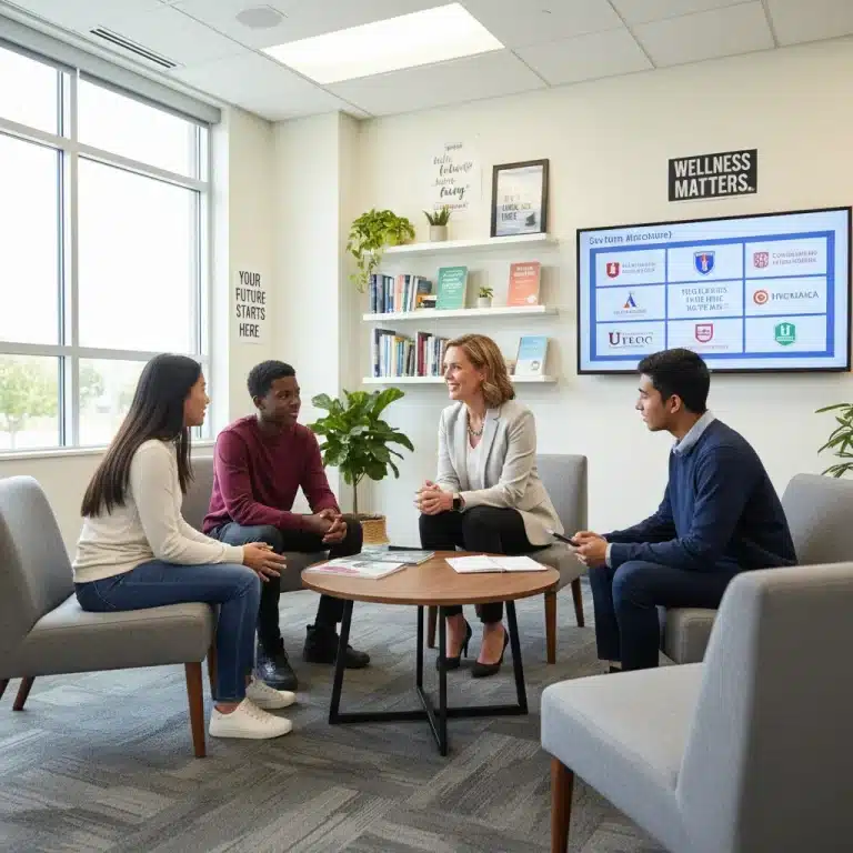 School counselor advising diverse students on academic and personal growth