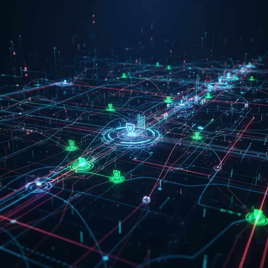 Abstract representation of secure data flow and cybersecurity network, highlighting compliant data handling.
