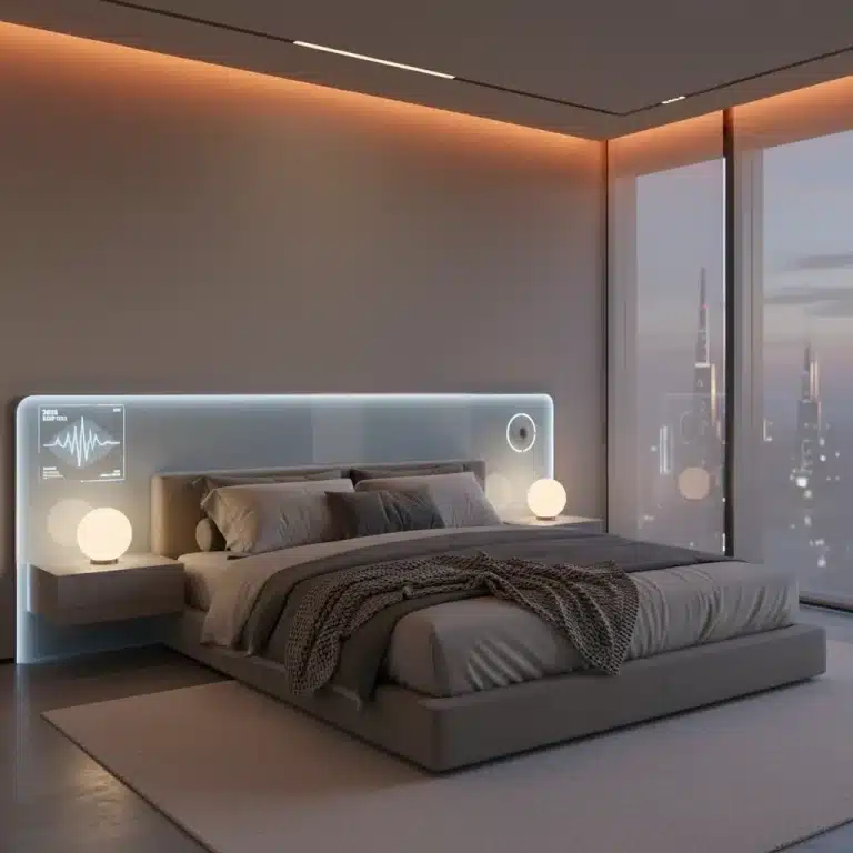 Serene bedroom with soft lighting and comfortable bed, optimized for deep sleep in 2026.