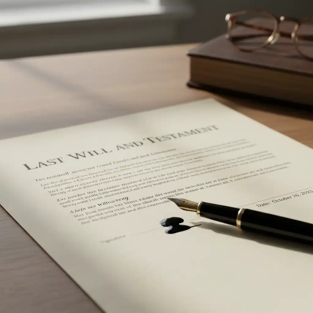 Close-up of a simple will document with a pen, ready for signing