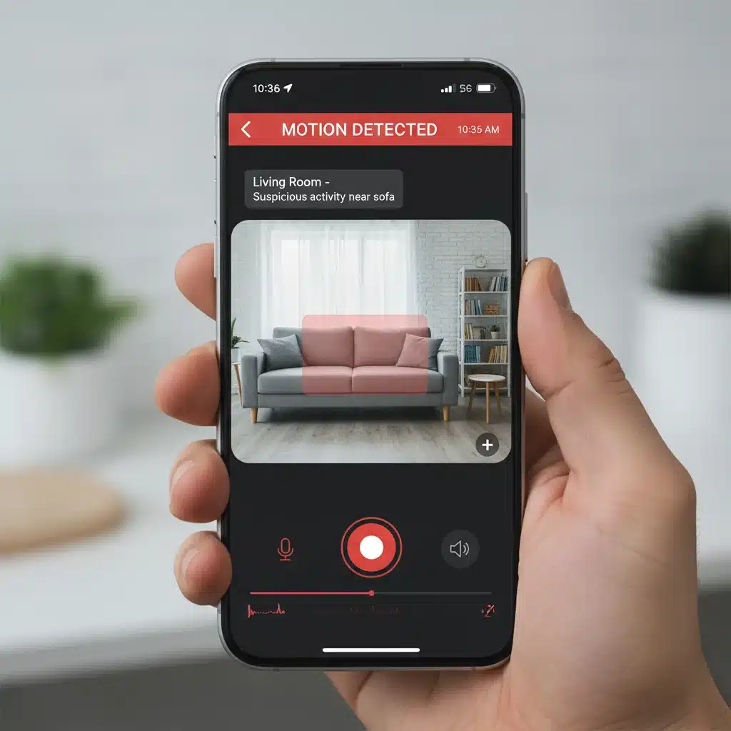 Smartphone showing live smart camera feed with alerts