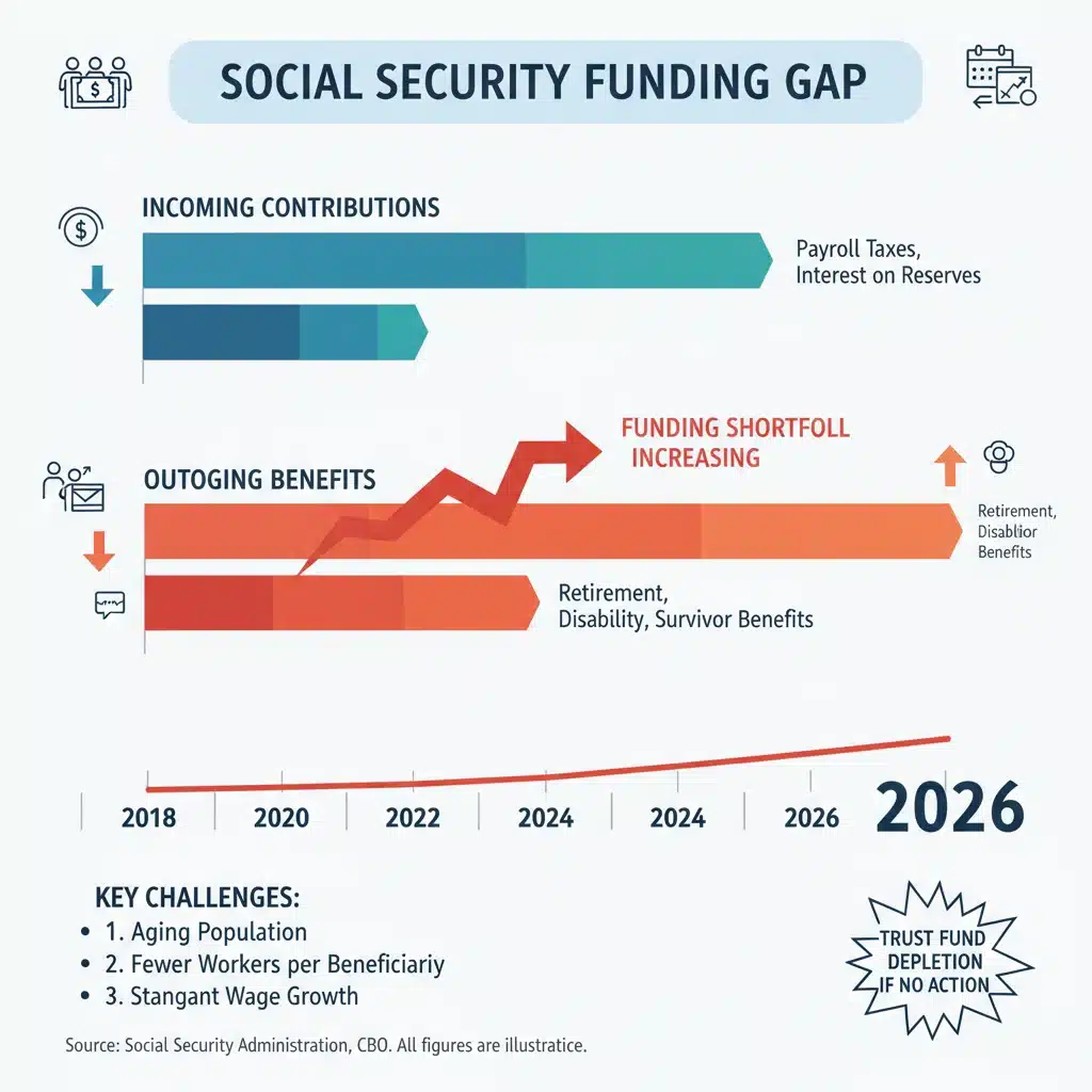 Infographic showing Social Security funding gap and 2026 timeline