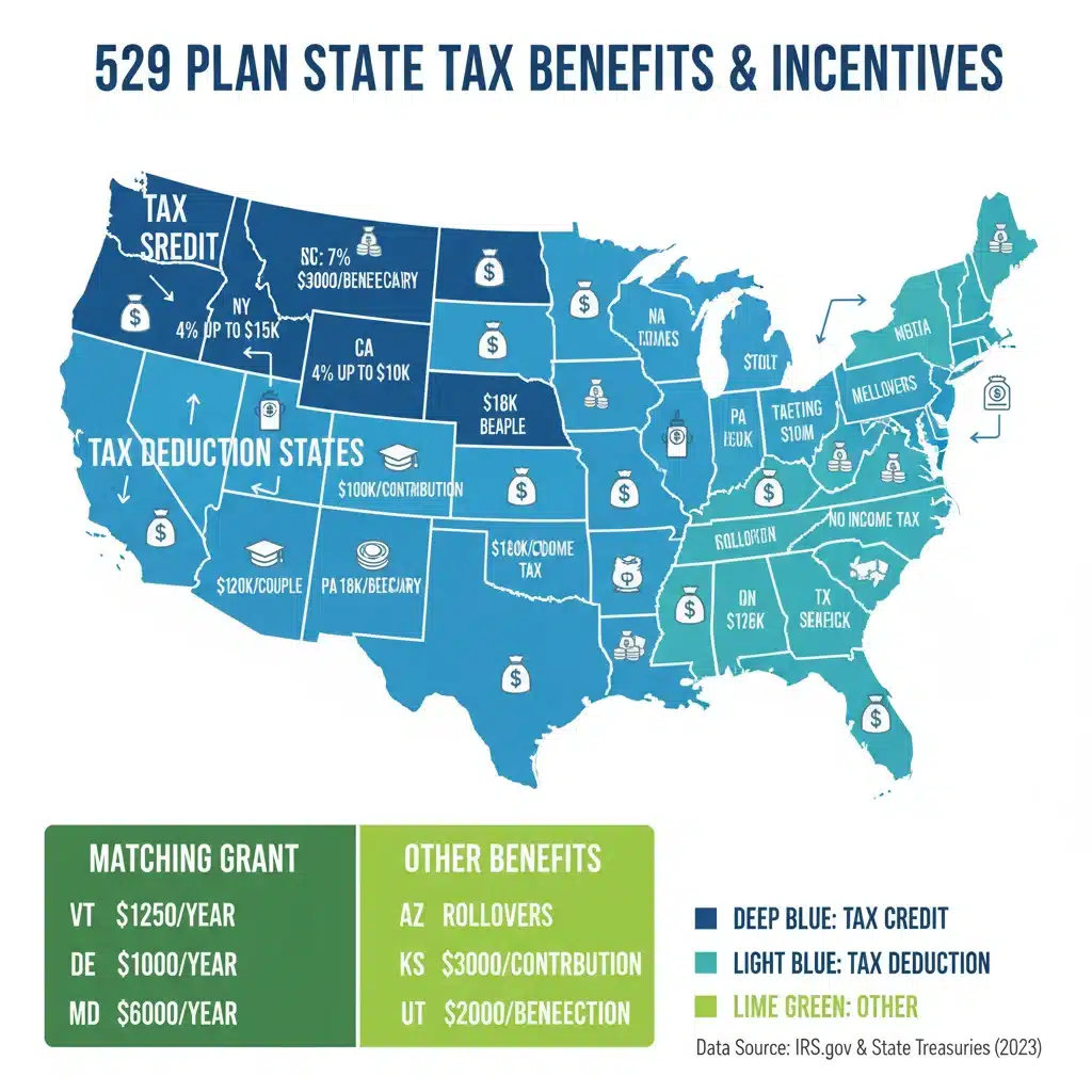 Infographic detailing state-by-state 529 plan tax benefits and new incentives for college savings.