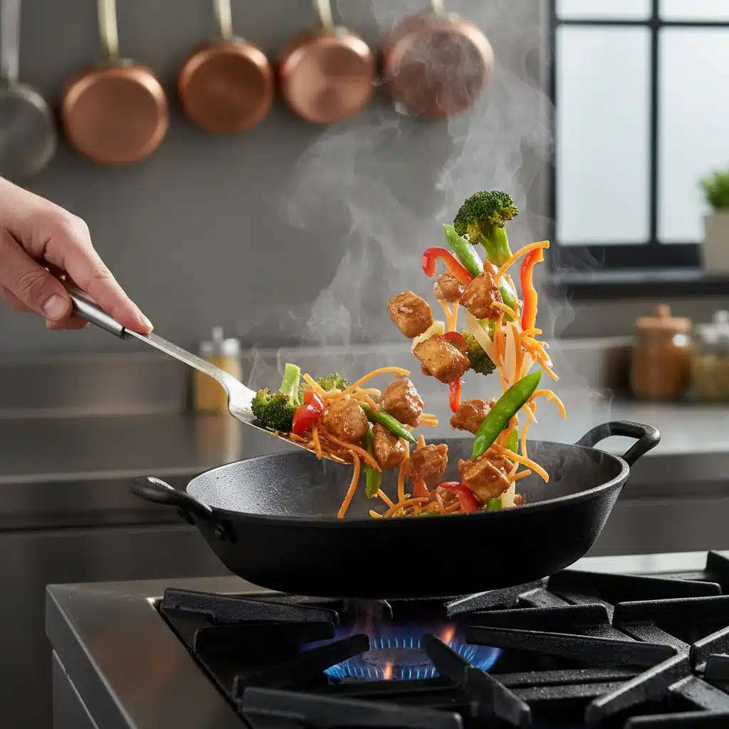 Vibrant chicken and vegetable stir-fry being tossed in a hot pan.