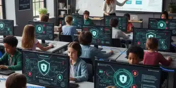Students learning about cybersecurity in a modern classroom setting with a teacher.
