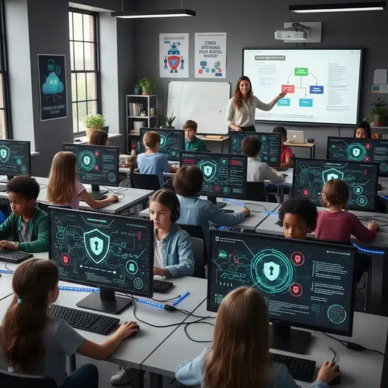 Students learning about cybersecurity in a modern classroom setting with a teacher.