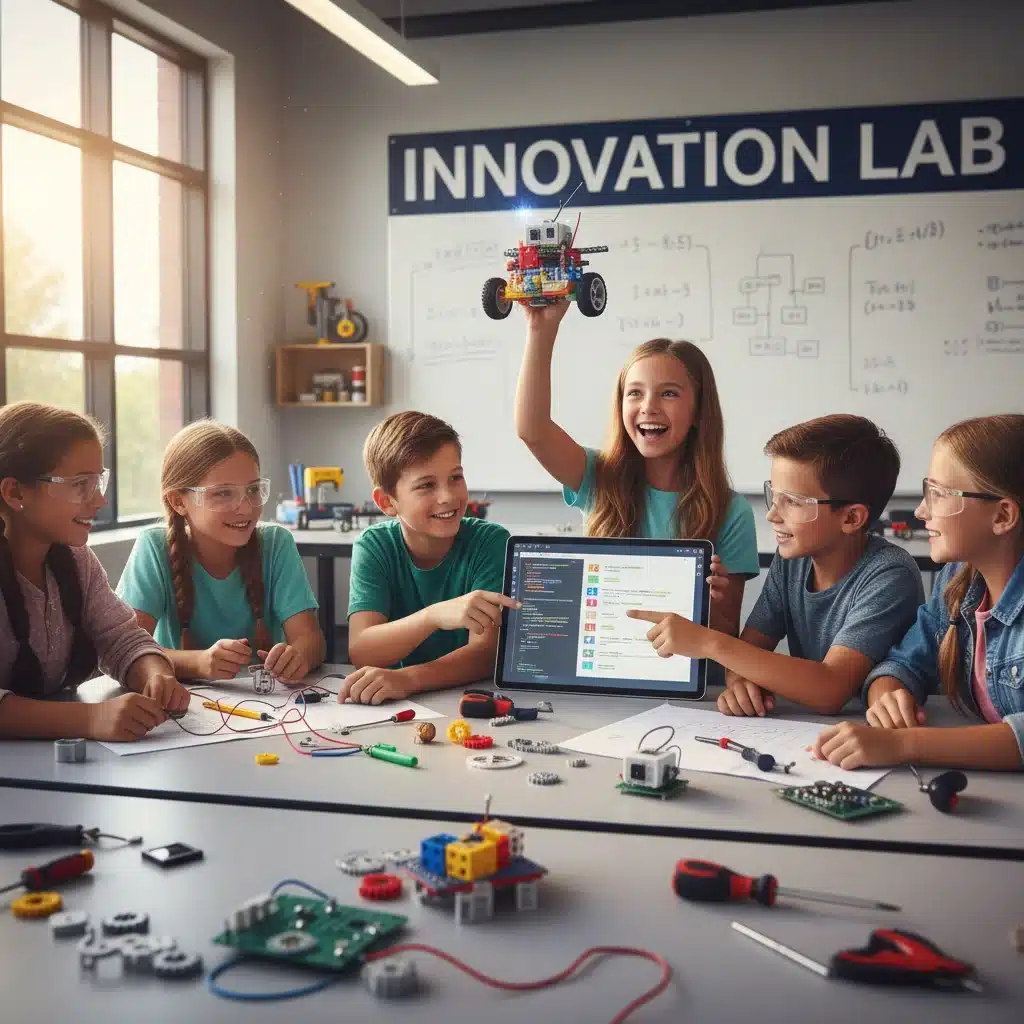Young students collaboratively building and programming a robot, demonstrating hands-on STEM learning.