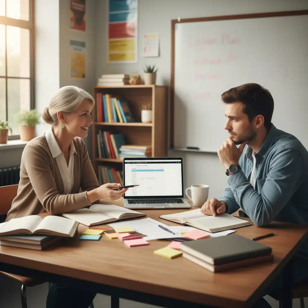 Experienced teacher mentoring new educator on lesson planning