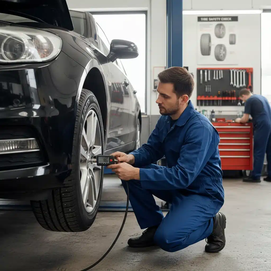 Mechanic checking tire pressure and tread depth