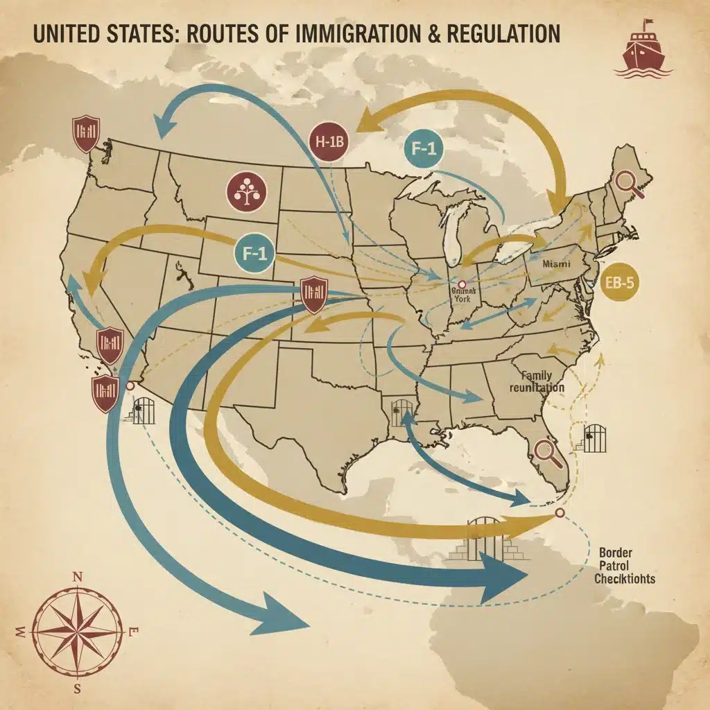 Visual representation of US immigration routes and visa categories