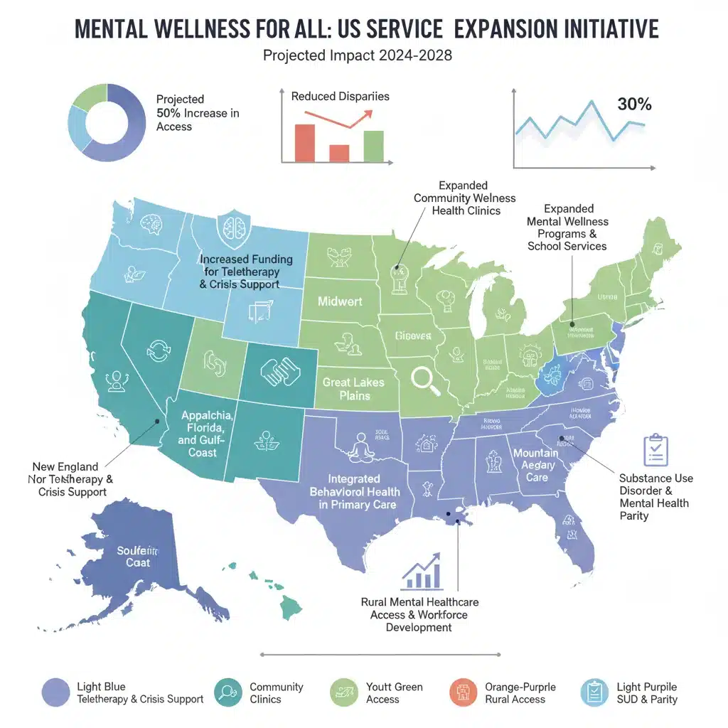 Infographic showing US map with regions benefiting from increased mental health services funding.