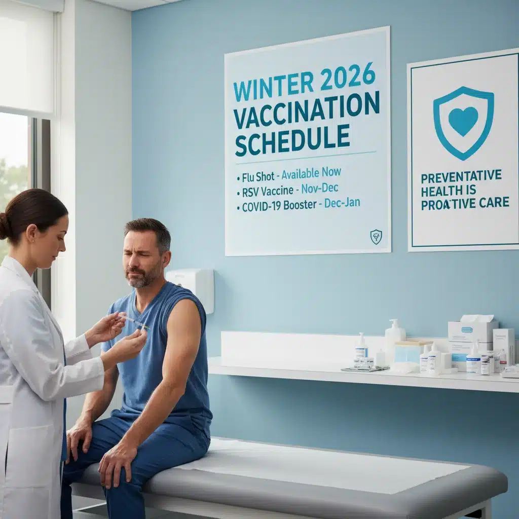 Healthcare worker giving vaccine, winter health prevention