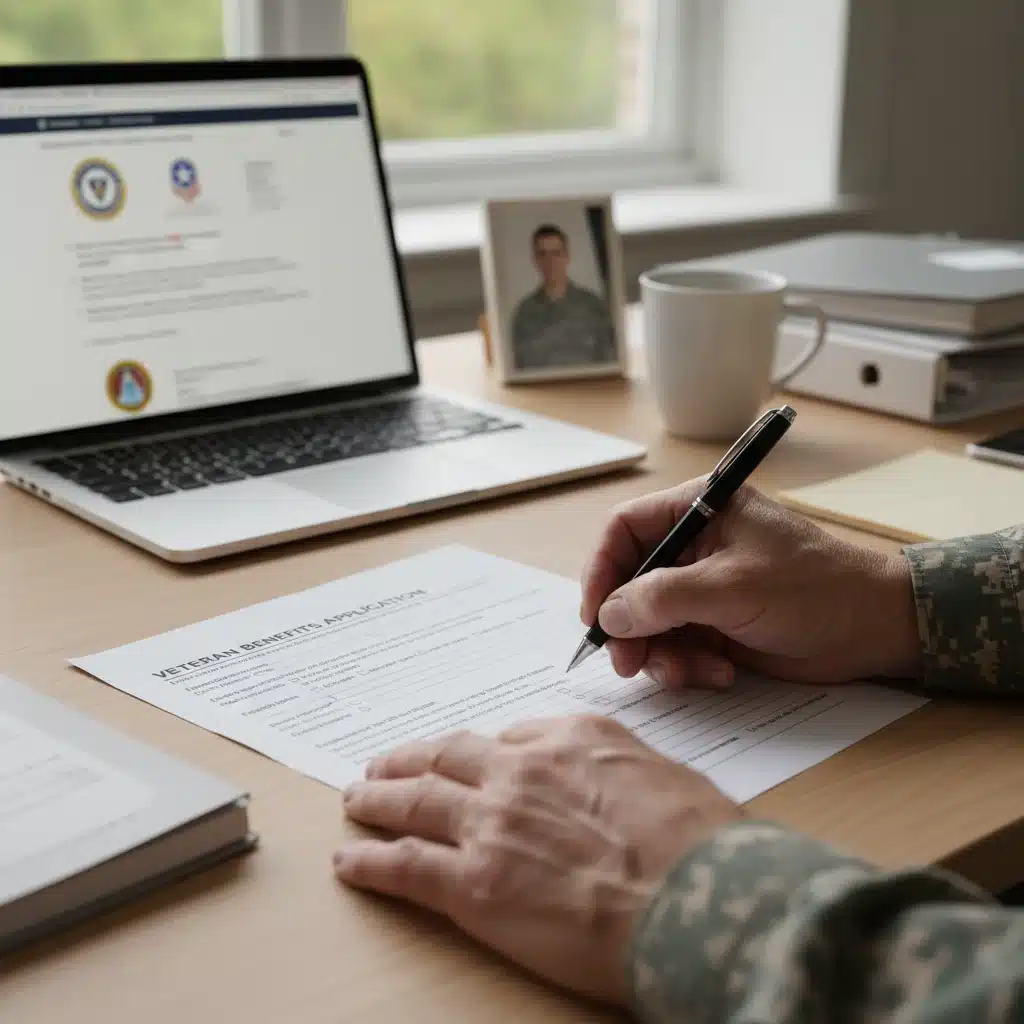 Veteran completing disability compensation application forms on a desk