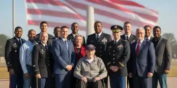 Diverse veterans standing proudly with American flag, symbolizing support and unity