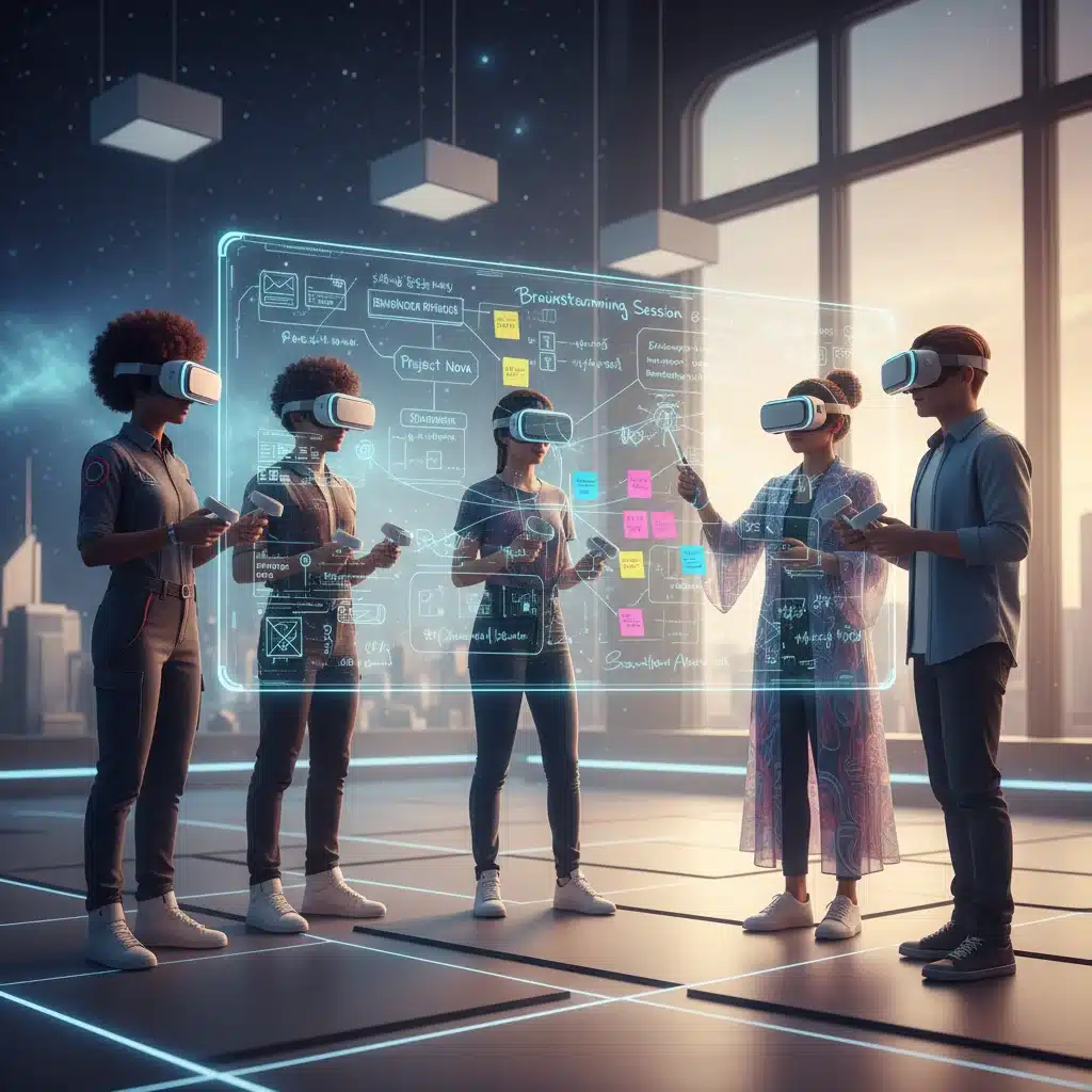 Diverse students collaborating in a virtual reality classroom environment.