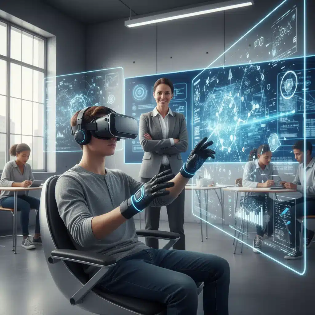 High school student using VR for science education with teacher guidance.