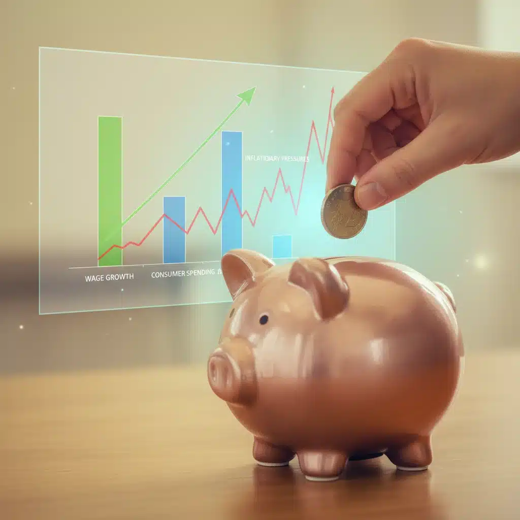 Hand putting coins into piggy bank with rising economic graphs, symbolizing wage growth and inflation