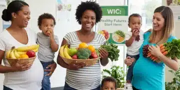 Smiling expectant mothers and children with healthy food, representing WIC benefits.