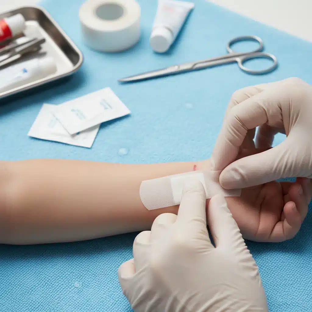 Applying sterile bandage to child's minor cut, demonstrating wound care