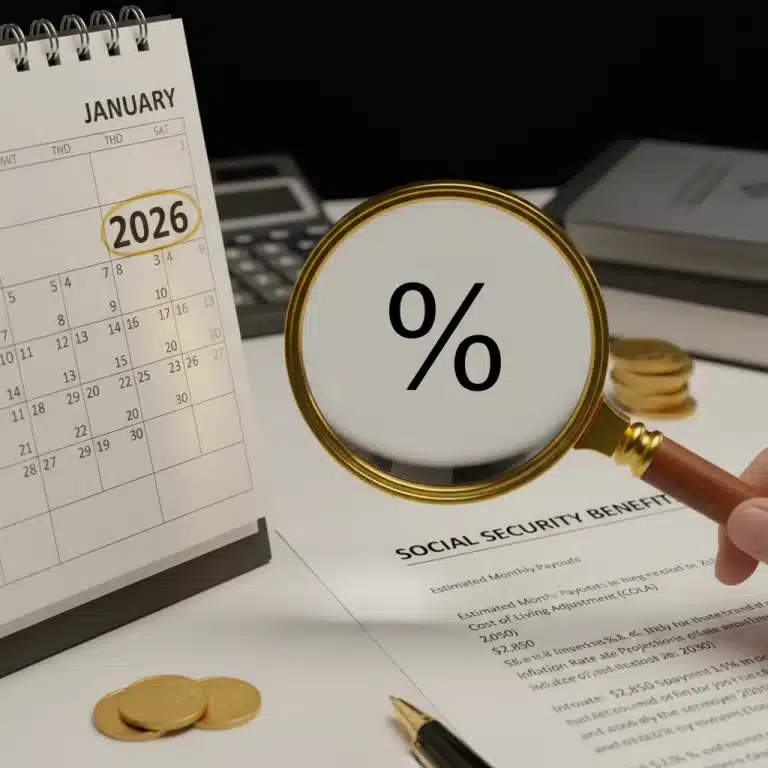 Calendar page for 2026 with Social Security documents and a magnifying glass, symbolizing future benefit adjustments.