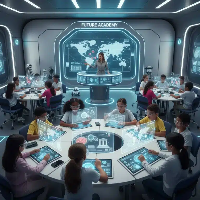 Students and teacher interacting with AI-powered educational technology in a futuristic classroom.
