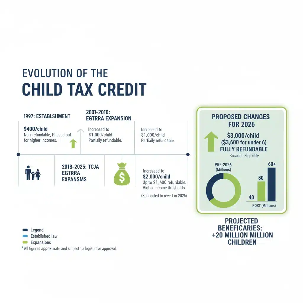 Infographic showing historical Child Tax Credit changes and 2026 projections